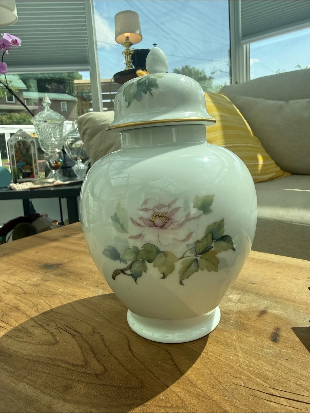 Woodmere China Floral Porcelain Covered Ginger Jar in White and Green